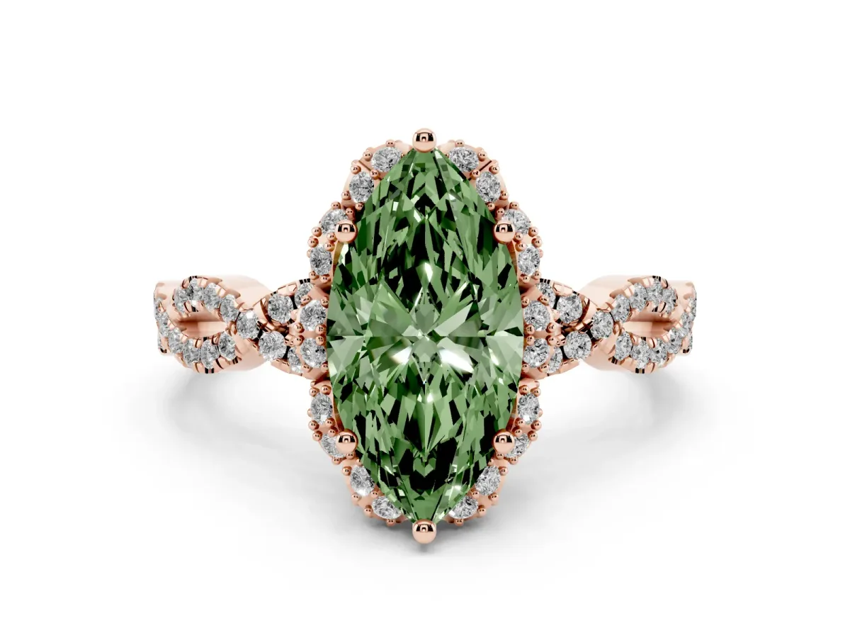 Fancy Green Marquise Cut Diamond Halo Twist Band Solitaire Ring Set in Rose gold with Prong-Set Center Stone