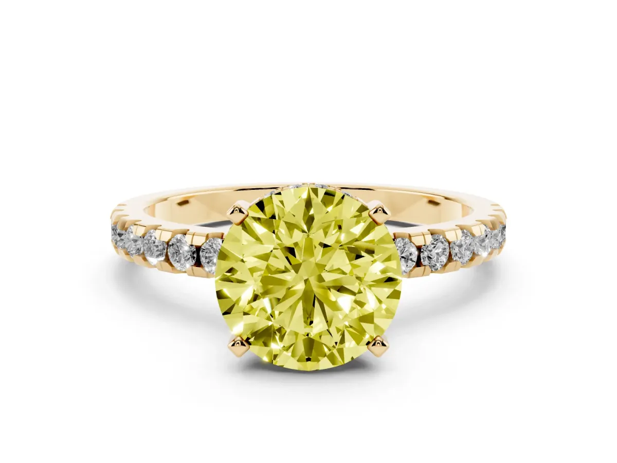 Fancy Yellow Round Cut Diamond Pavé Solitaire Ring Set in Yellow gold with Round Band Accents and Prong Setting