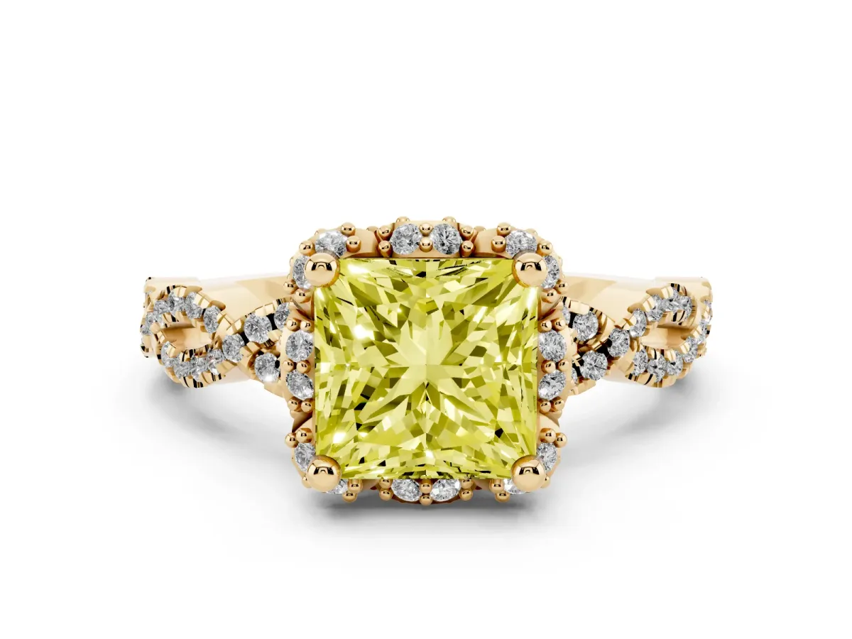 Fancy Yellow Princess Cut Diamond Halo Twist Band Solitaire Ring Set in Yellow gold with Prong-Set Center Stone