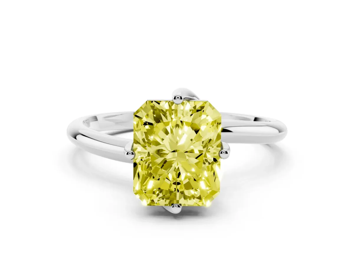 Fancy Yellow Radiant Cut Diamond Solitaire Engagement Ring Set in White gold with Classic Plain Band