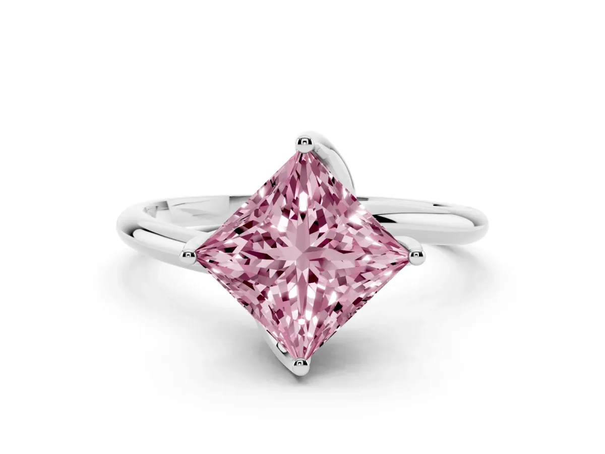 Fancy Pink Princess Cut Diamond Solitaire Engagement Ring Set in Silver with Classic Plain Band