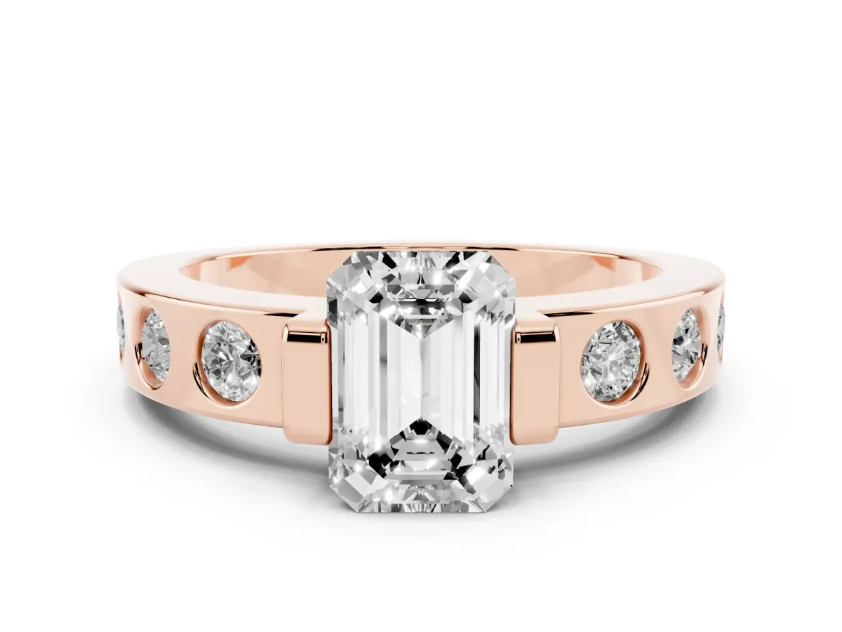 Emerald Cut Diamond Channel-Set Band Ring Set in Rose gold with Bezel Prong Setting