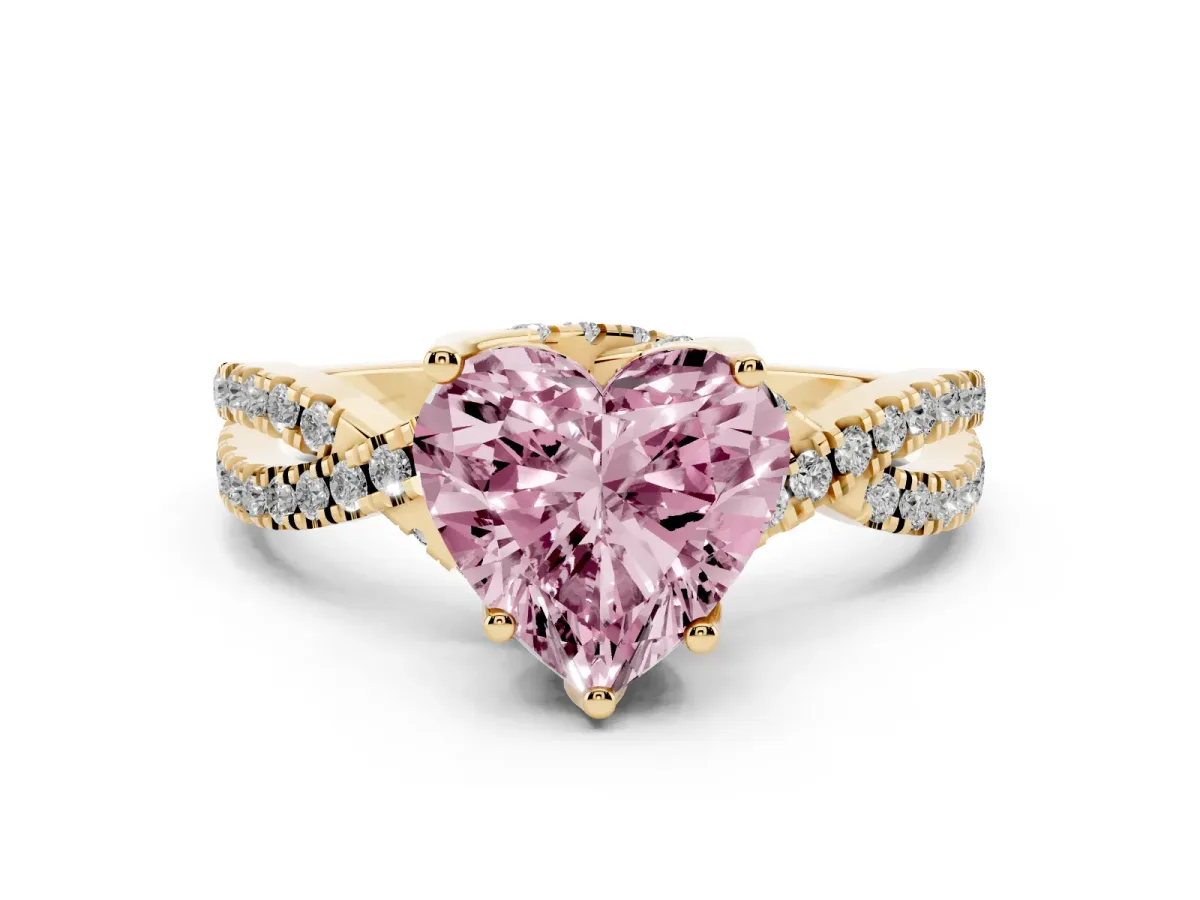 Fancy Pink Heart Cut Diamond Twist Pavé Solitaire Engagement Ring Set in Yellow gold with Prong Setting