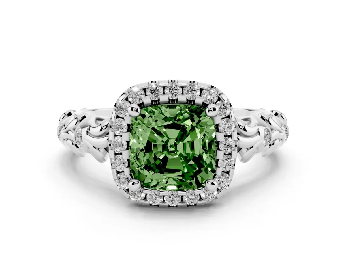 Fancy Green Cushion Cut Diamond Halo Ring Set in Platinum with Filigree Leaf Band and Prong Setting