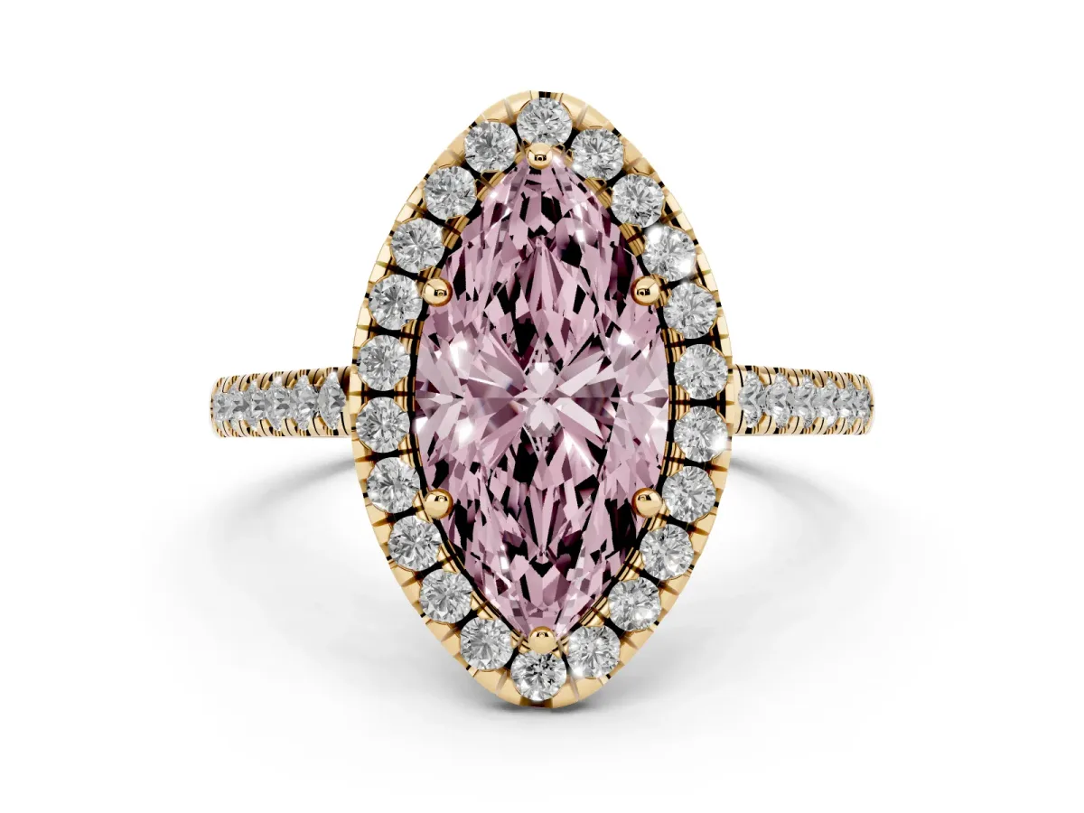 Fancy Pink Marquise Cut Diamond Pavé Halo Engagement Ring Set in Yellow gold with Pavé Band and Prong Setting