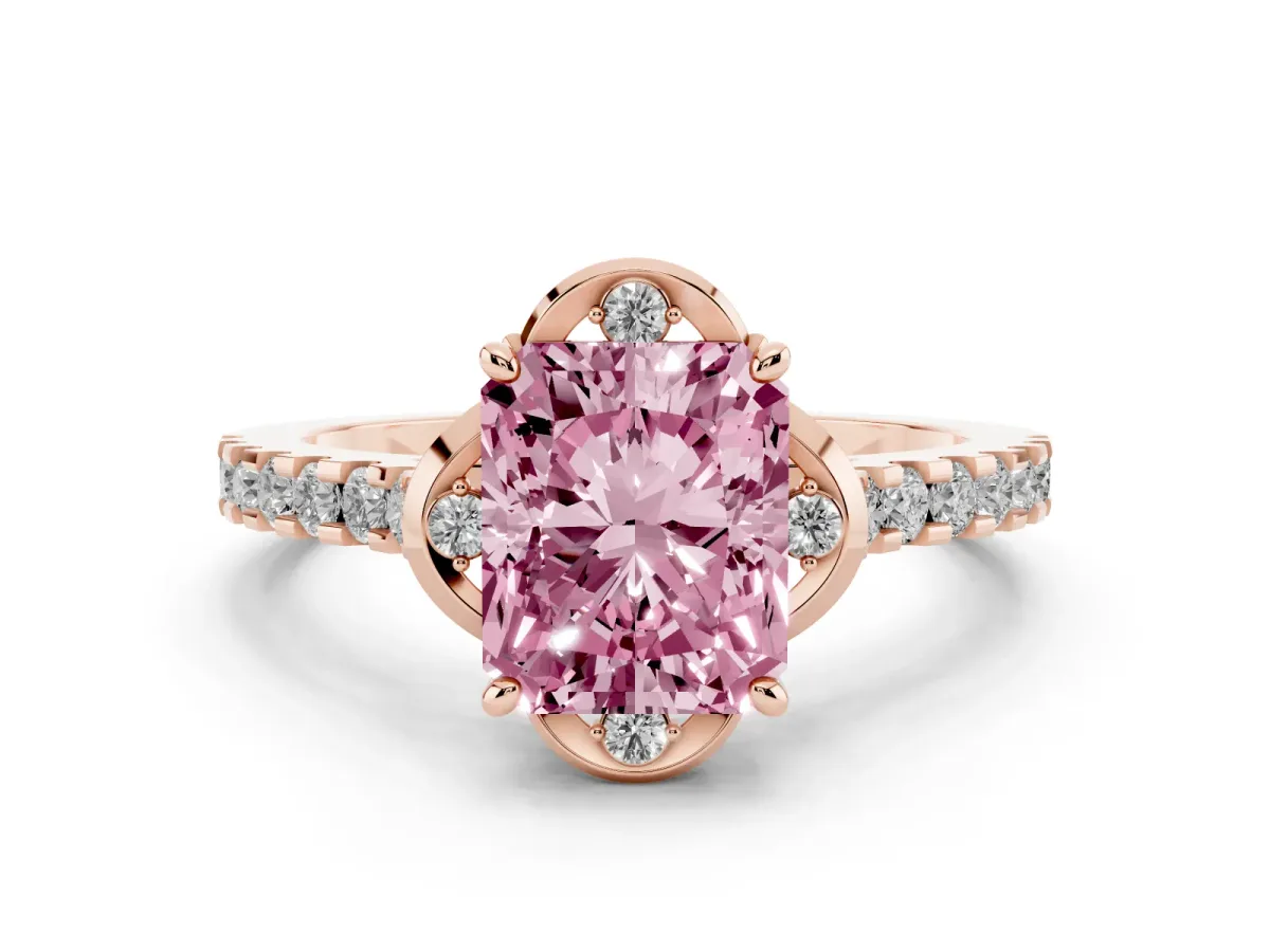 Fancy Pink Radiant Cut Diamond Solitaire Ring Set in Rose gold with Pavé Band and Floral Prong Setting