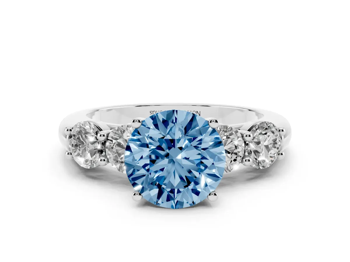 Fancy Blue Round Cut Diamond Five-Stone Prong Set Ring Set in Platinum with Classic Band
