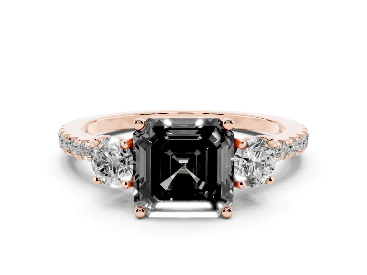 Fancy Black Asscher Cut Diamond Three-Stone Ring Set in Rose gold with Pavé Band and Graduated Sides