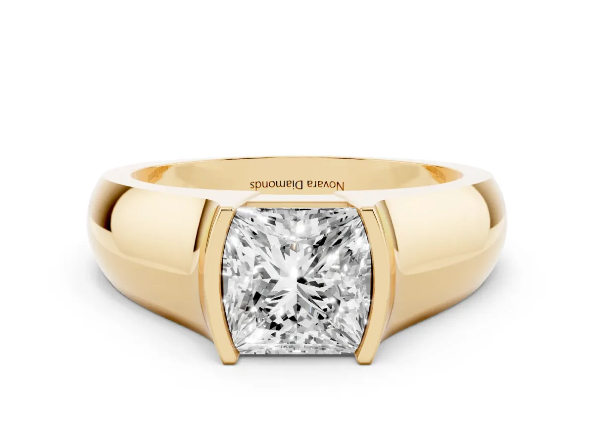 Princess Cut Diamond Bezel Solitaire Ring Set in Yellow gold with Wide Band