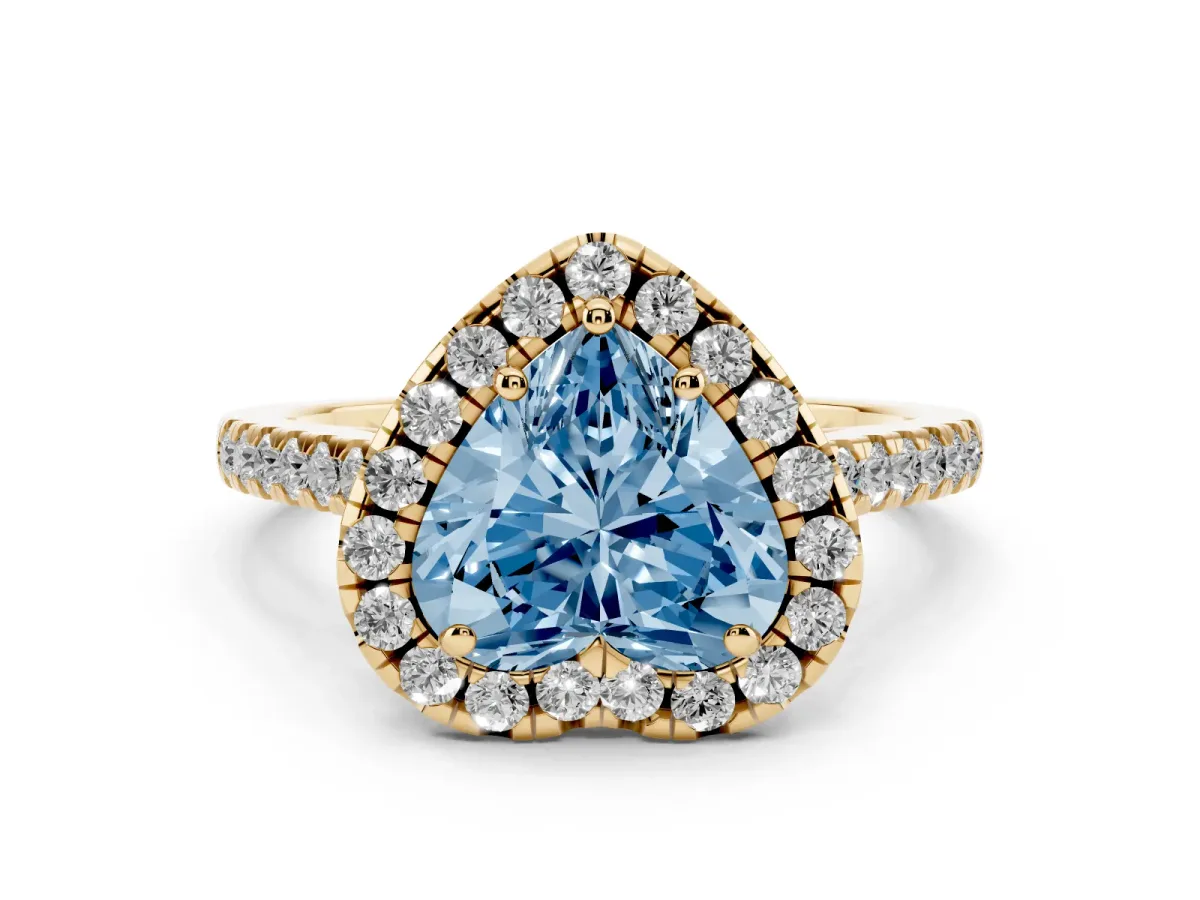 Fancy Blue Heart Cut Diamond Pavé Halo Engagement Ring Set in Yellow gold with Pavé Band and Prong Setting