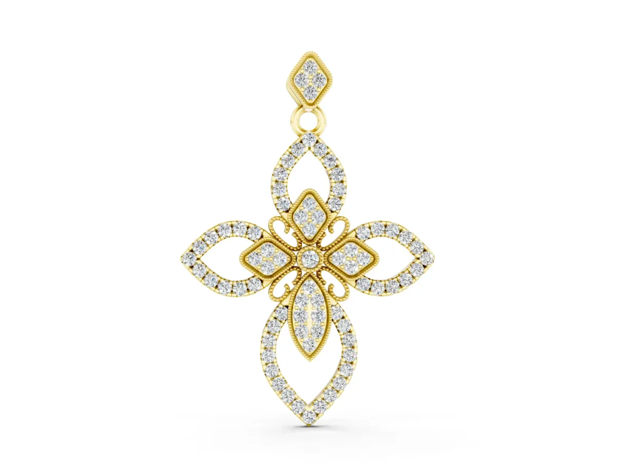 Marquise Diamond Cross Pendant Set in Yellow gold with Pavé Floral Arms