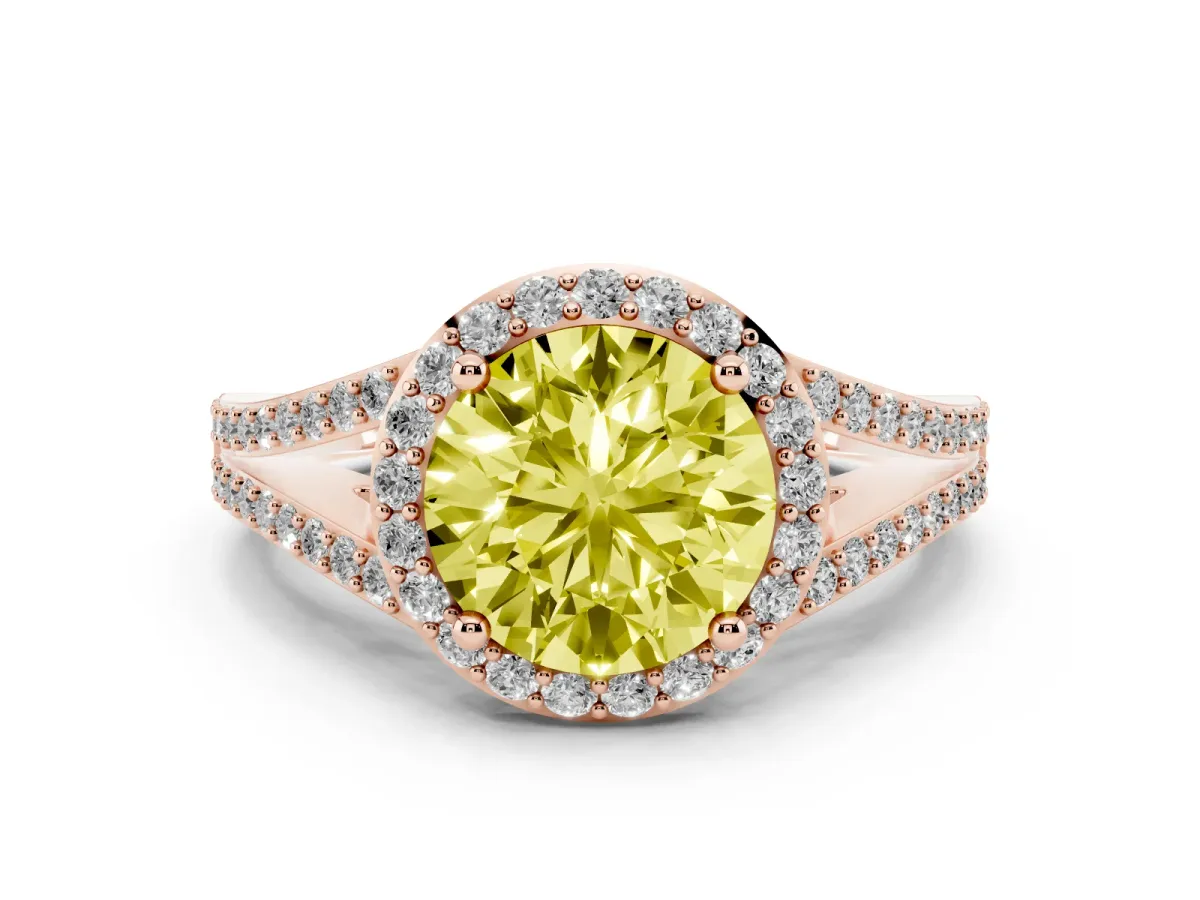 Fancy Yellow Round Cut Diamond Halo Split Shank Ring Set in Rose gold with Accent Stones and Prong Setting