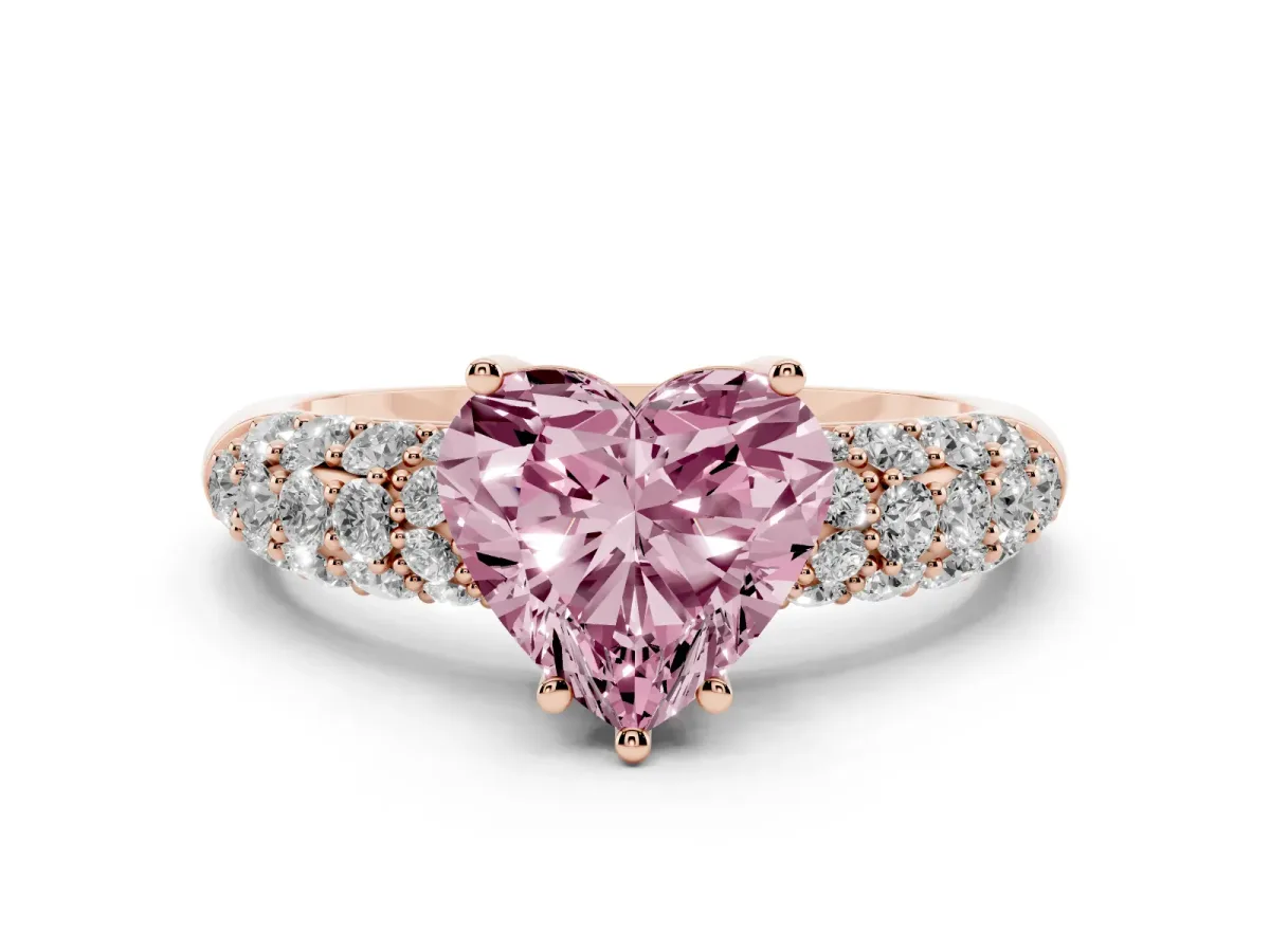 Fancy Pink Heart Cut Diamond Pavé Band Solitaire Ring Set in Rose gold with Close-Set Accent Stones and Prong Setting