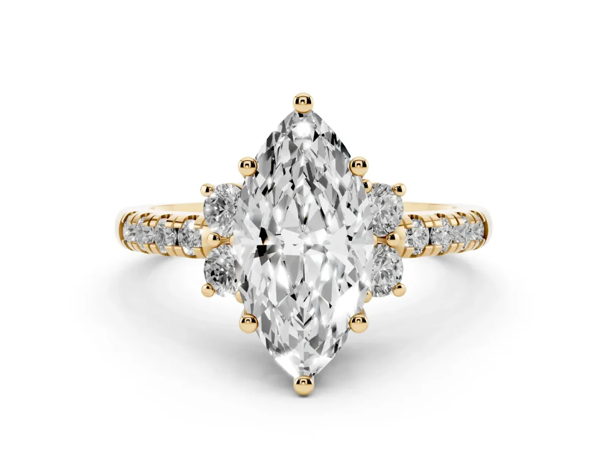 Marquise Cut Diamond Three-Stone Pavé Ring Set in Yellow gold with Prong Setting
