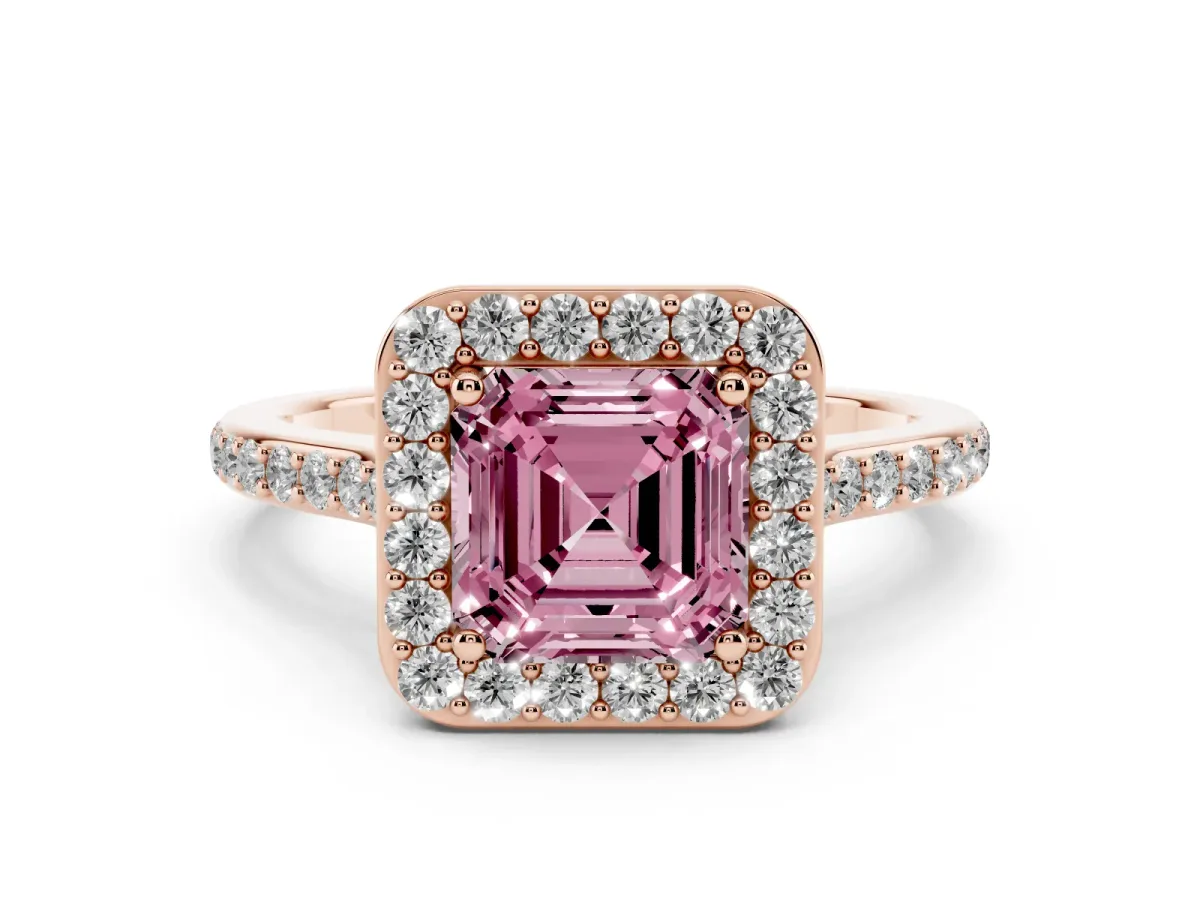 Fancy Pink Asscher Cut Diamond Halo Engagement Ring Set in Rose gold with Round Pavé Shoulders and Heart Gallery
