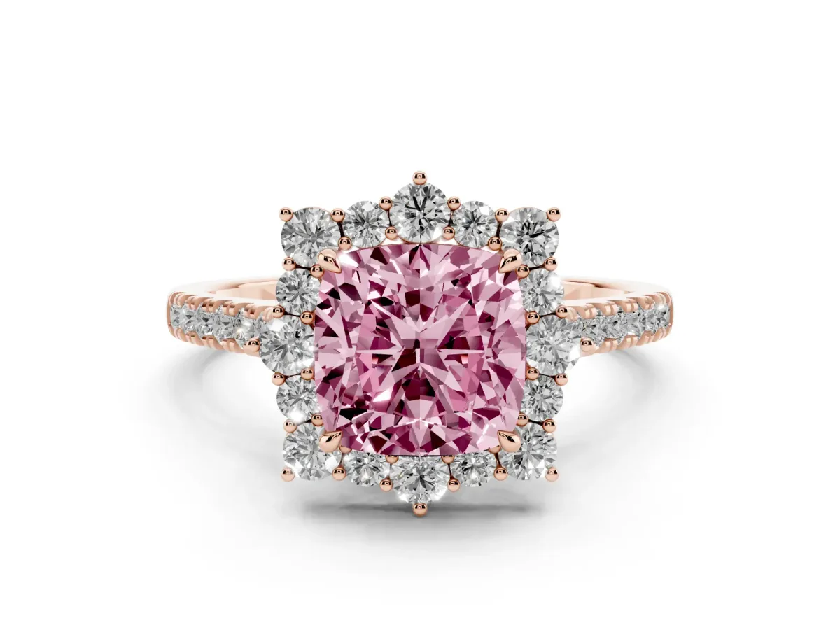 Fancy Pink Cushion Cut Diamond Halo Ring Set in Rose gold with Pavé Band and Prong Setting