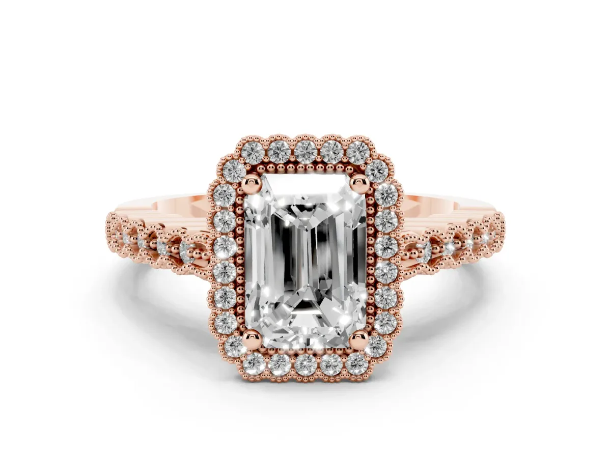 Radiant Cut Diamond Halo Ring Set in Rose gold with Pavé Milgrain Band