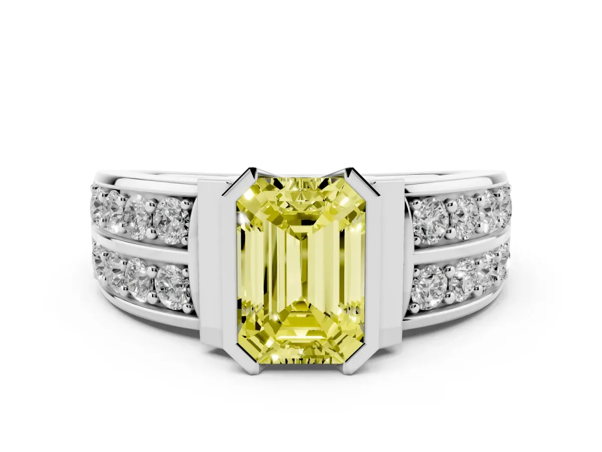 Fancy Yellow Emerald Cut Diamond Wide Channel Set Band Ring Set in White gold with Bezel Setting