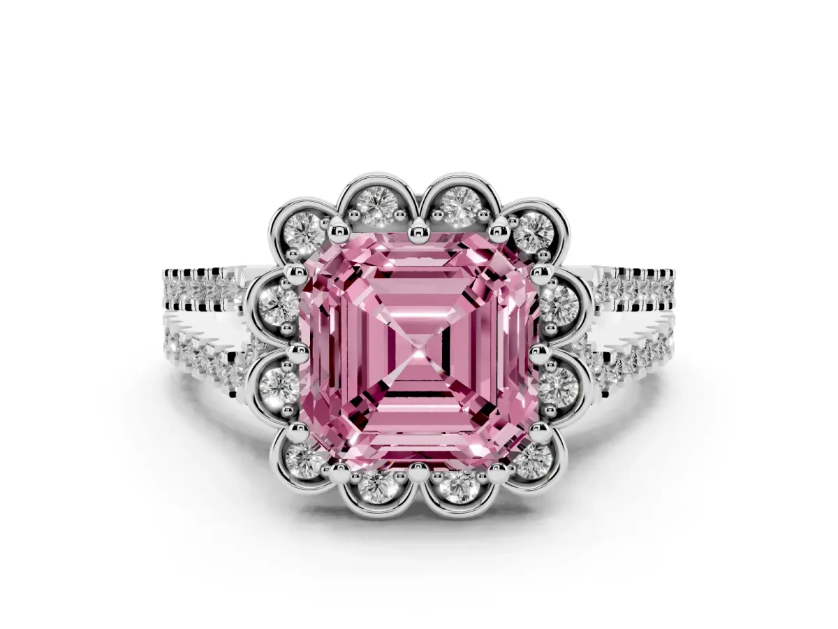 Fancy Pink Asscher Cut Diamond Floral Halo Split Shank Engagement Ring Set in Silver with Pavé Shank