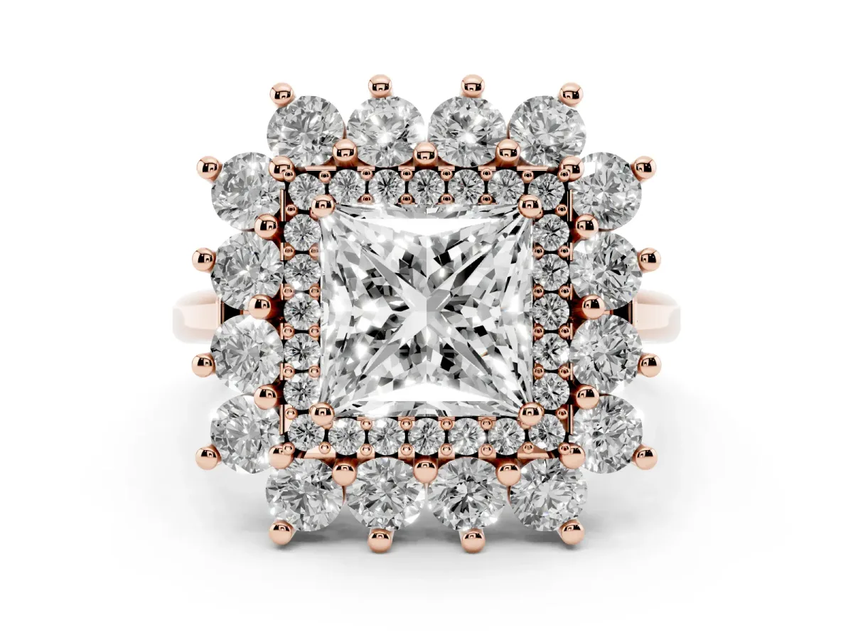 Princess Cut Diamond Floral Double Halo Ring Set in Rose gold with Round Petals