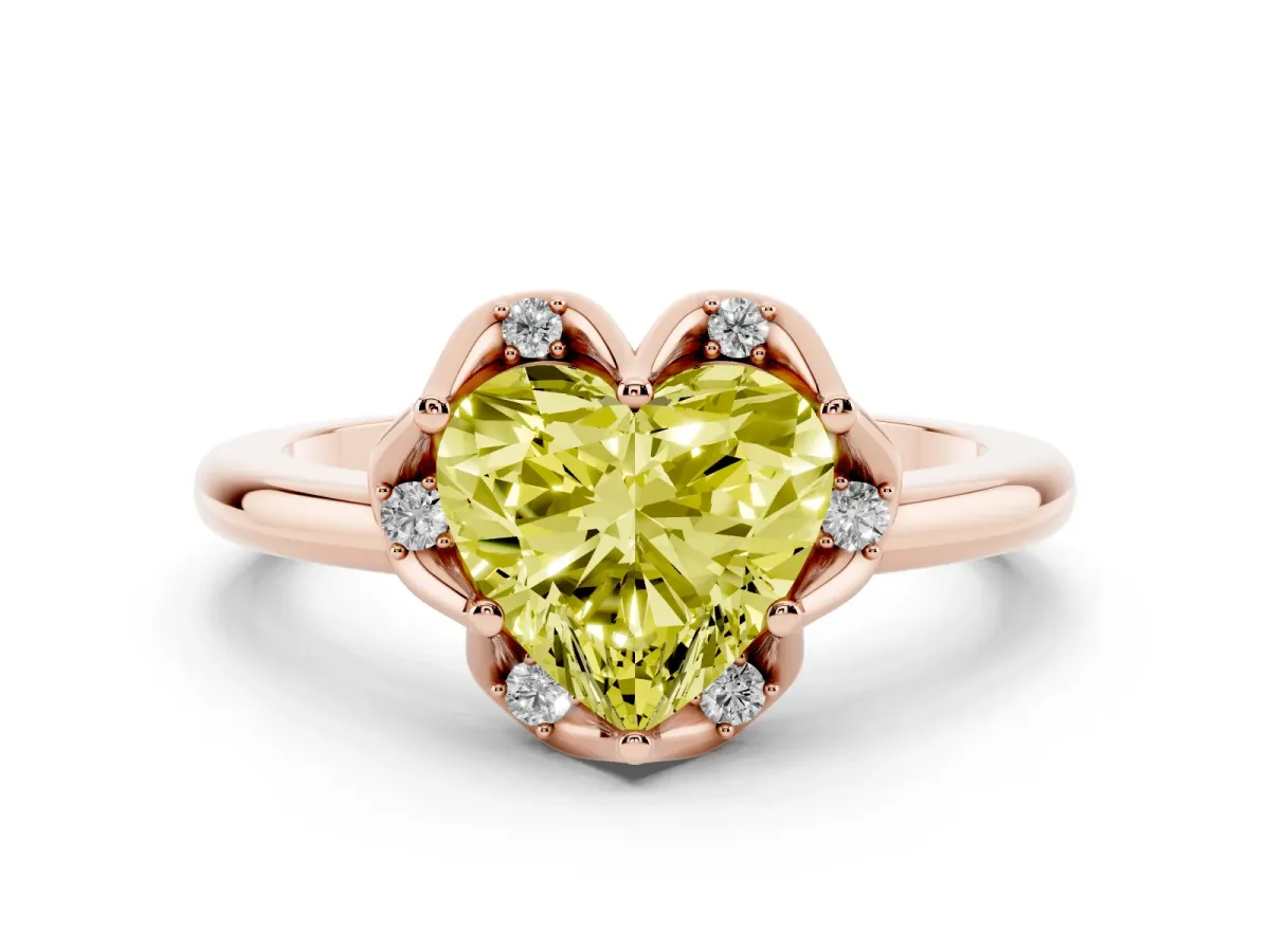 Fancy Yellow Heart Cut Diamond Round Cluster Halo Ring Set in Rose gold with Solitaire Band and Prong Setting