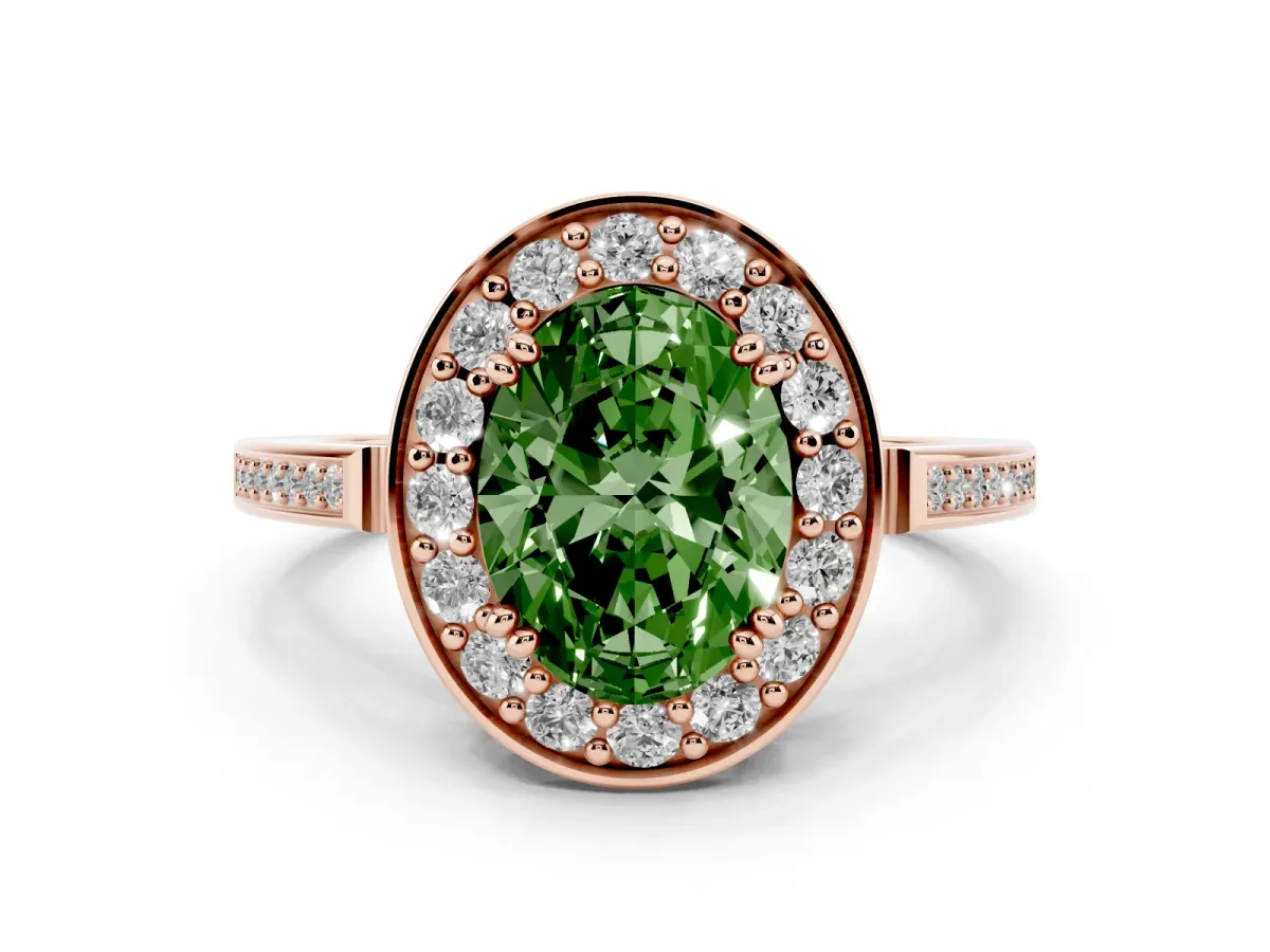 Fancy Green Oval Cut Diamond Halo Ring Set in Rose gold with Accent-Lined Split Shank and Prong Setting