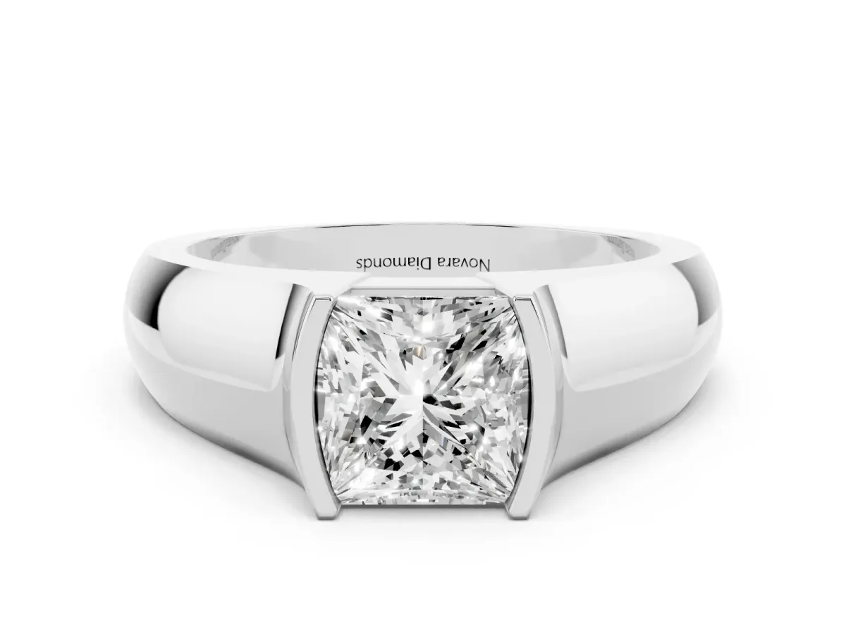 Princess Cut Diamond Bezel Solitaire Ring Set in White gold with Wide Band