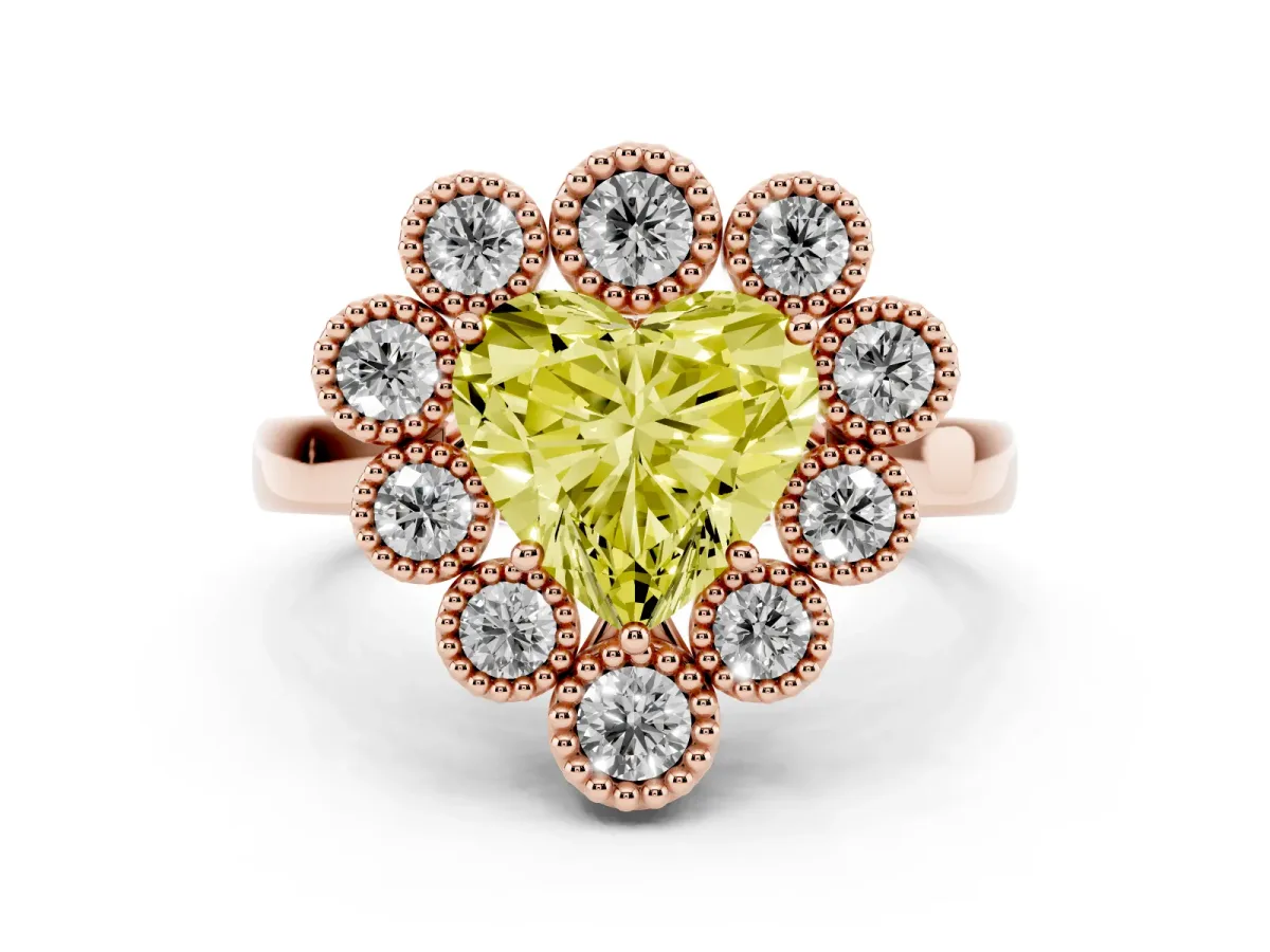 Fancy Yellow Heart Cut Diamond Cluster Halo Ring Set in Rose gold with Milgrain Bezel Accents and Plain Band