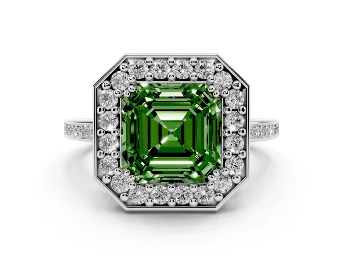 Fancy Green Asscher Cut Diamond Halo Ring Set in Platinum with Accent-Lined Split Shank and Prong Setting