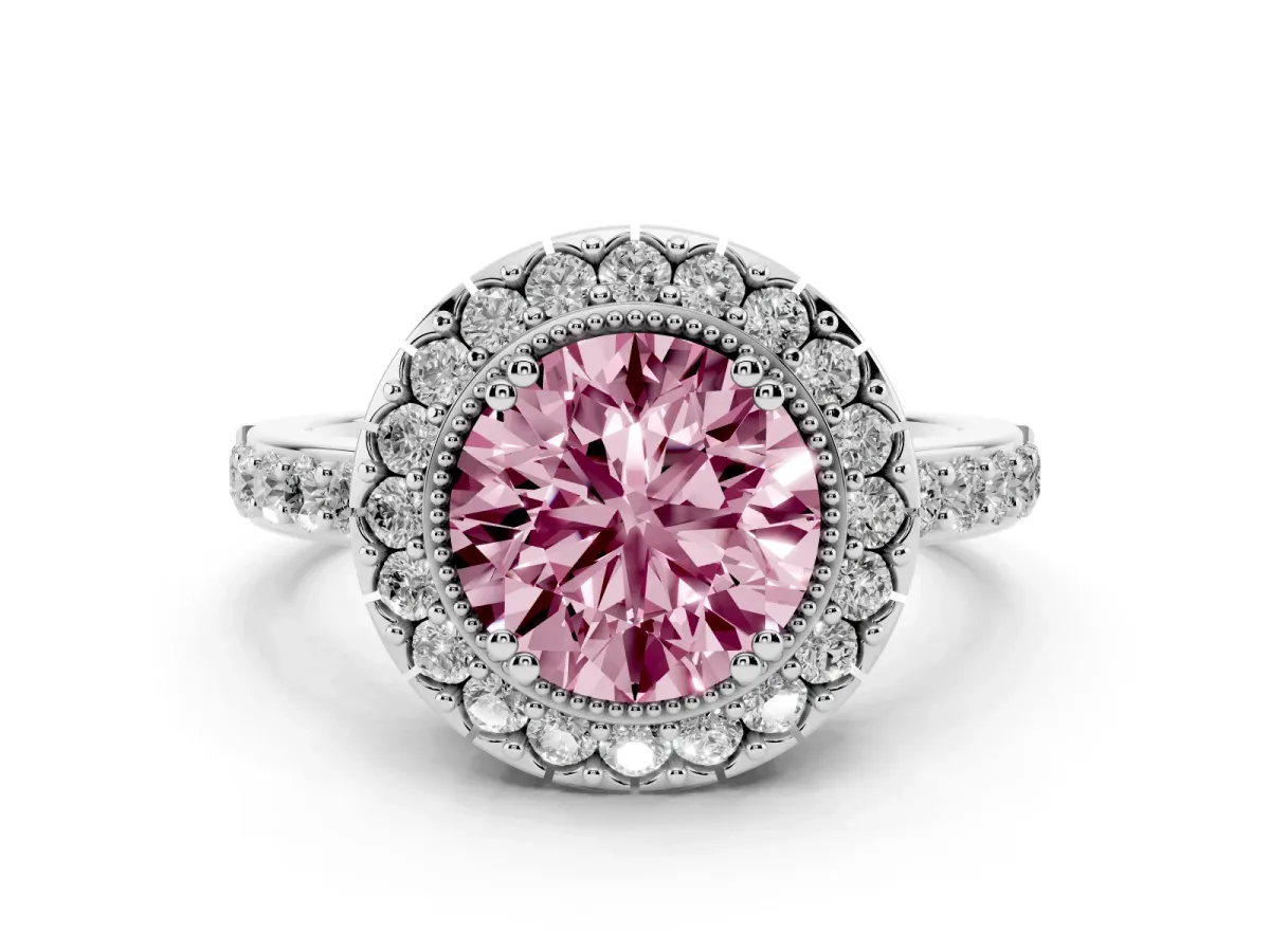 Fancy Pink Round Cut Diamond Halo Ring Set in Platinum with Pavé Shank and Prong Setting