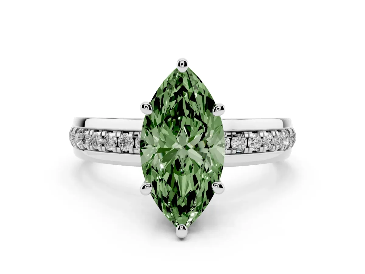 Fancy Green Marquise Cut Diamond Solitaire Ring Set in Platinum with Channel Set Band and Prong Setting