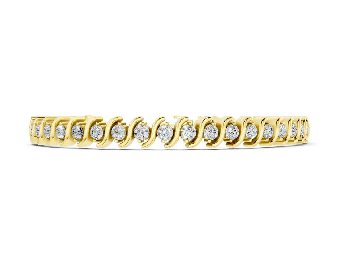 Round Brilliant Diamond Channel Tennis Bracelet Set in Yellow gold with S-Shaped Prongs