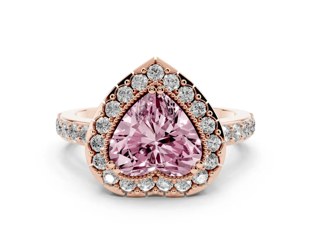 Fancy Pink Heart Cut Diamond Halo Ring Set in Rose gold with Pavé Shank and Prong Setting