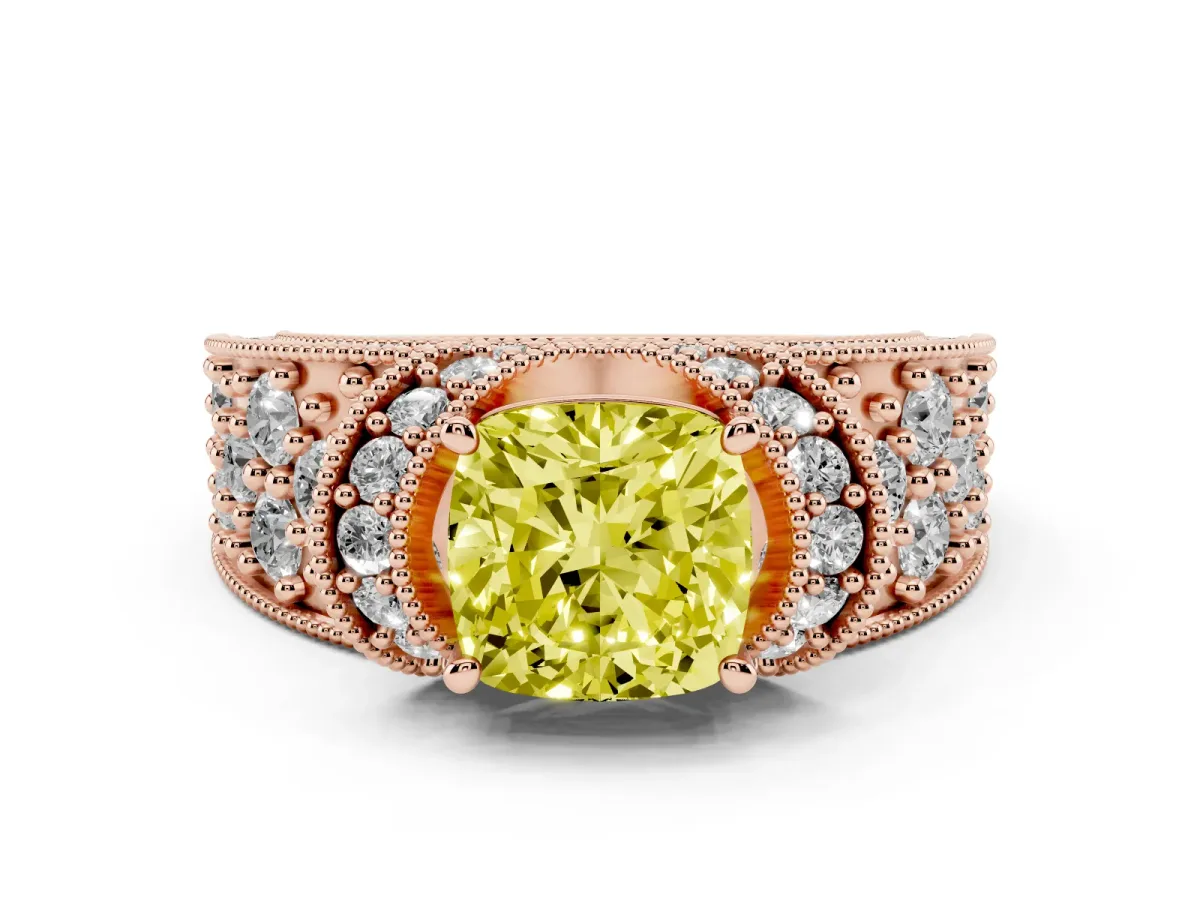 Fancy Yellow Cushion Cut Diamond Milgrain Halo Pavé Engagement Ring Set in Rose gold with Prong Setting