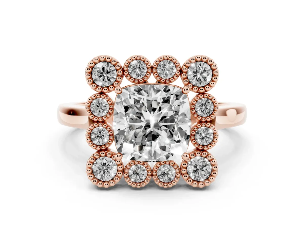 Cushion Cut Diamond Cluster Halo Ring Set in Rose gold with Milgrain Bezel Accents and Plain Band