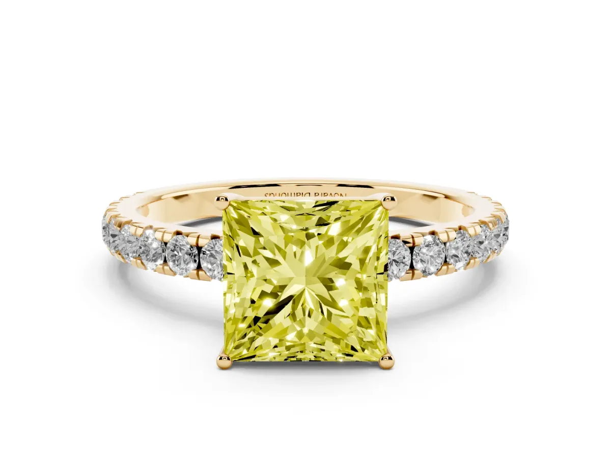 Fancy Yellow Princess Cut Diamond Pavé Solitaire Engagement Ring Set in Yellow gold with Prong Setting