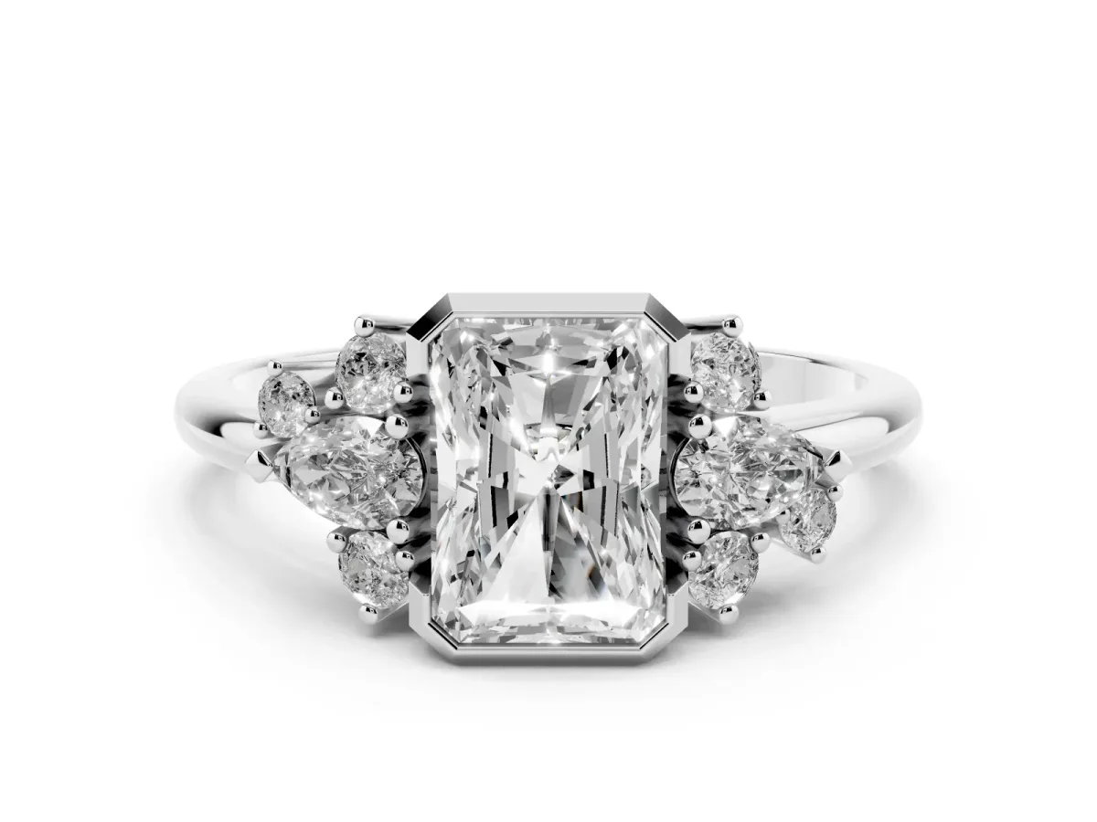 Radiant Diamond Cluster Side Stone Ring Set in White gold with Pear and Round Side Stones