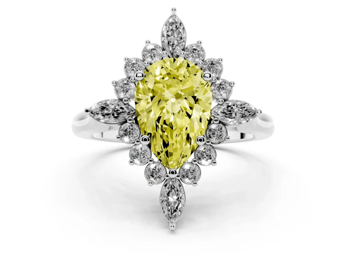 Fancy Yellow Pear Cut Diamond Cluster Halo Ring Set in Silver with Marquise and Round Accents