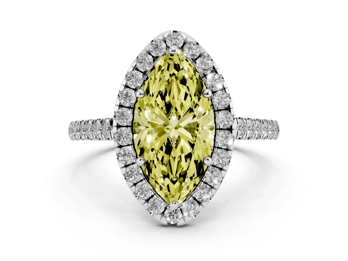 Fancy Yellow Marquise Cut Diamond Halo Pavé Engagement Ring Set in Silver with Prong Setting