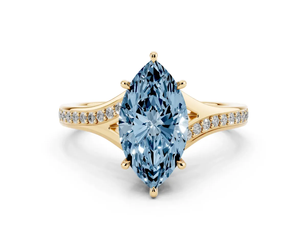 Fancy Blue Marquise Cut Diamond Solitaire Ring Set in Yellow gold with Pavé Accent Band and Classic Prong Setting
