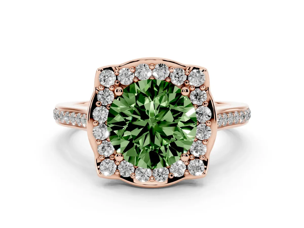 Fancy Green Round Cut Diamond Halo Ring Set in Rose gold with Pavé-Lined Shoulders and Prong Setting