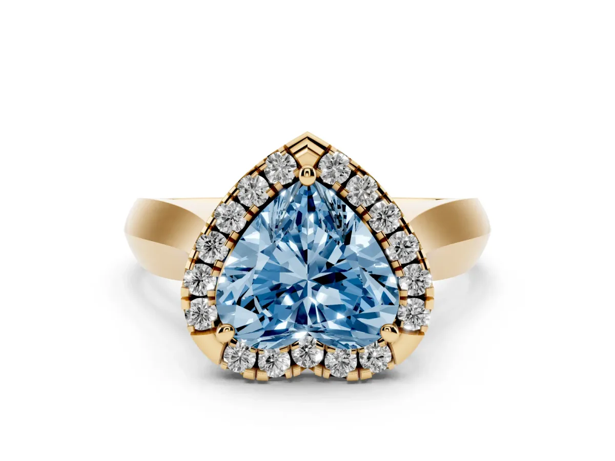 Fancy Blue Heart Cut Diamond Halo Solitaire Engagement Ring Set in Yellow gold with Square Band and Prong Setting