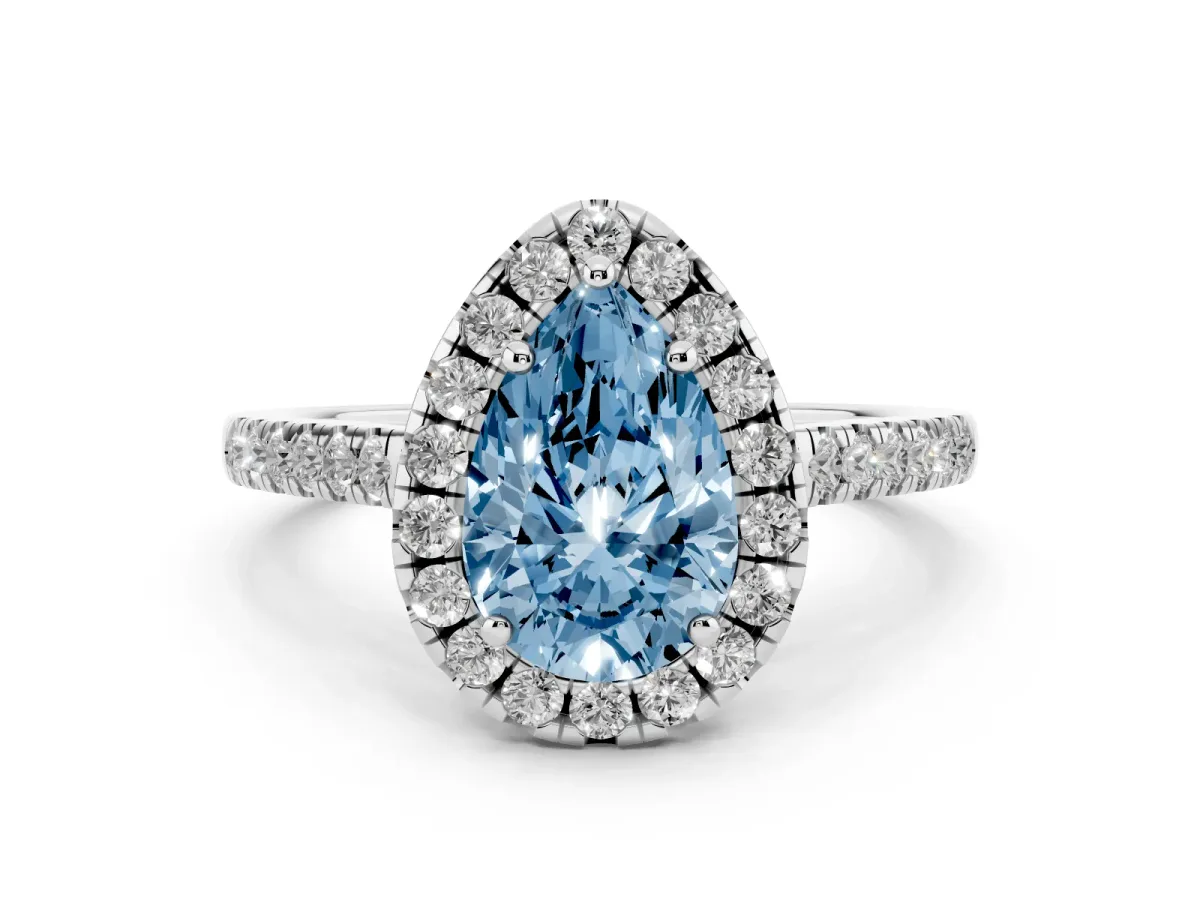 Fancy Blue Pear Cut Diamond Pavé Halo Engagement Ring Set in White gold with Pavé Band and Prong Setting
