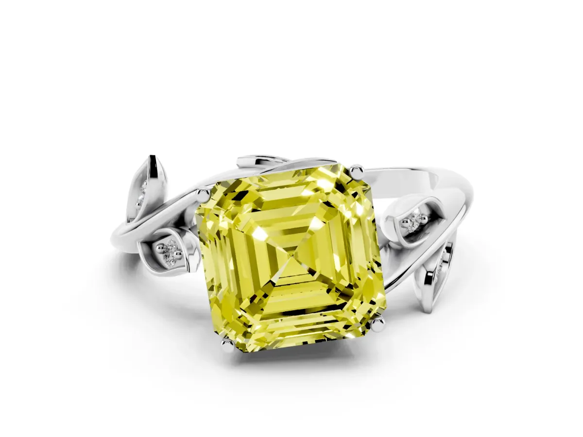 Fancy Yellow Asscher Cut Diamond Solitaire Twist Engagement Ring Set in Silver with Pavé Leaf Accents