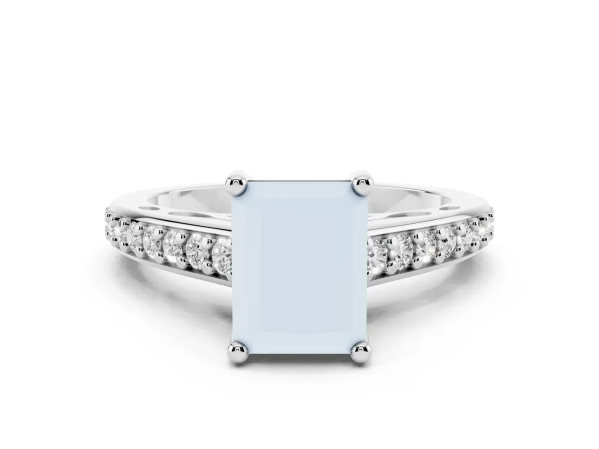 Radiant Cut Diamond Prong Set Solitaire Engagement Ring Set in White gold with Pavé Band