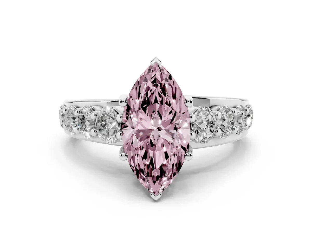 Fancy Pink Marquise Cut Diamond Pavé Engagement Ring Set in Platinum with Prong Setting