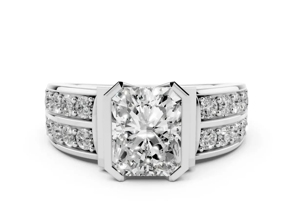 Radiant Cut Diamond Wide Channel Set Band Ring Set in Platinum with Bezel Setting