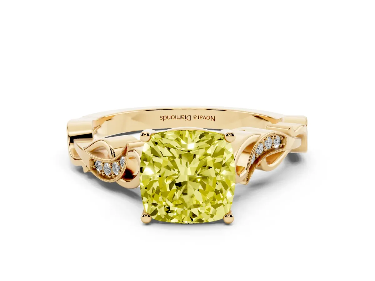 Fancy Yellow Cushion Cut Diamond Vine Band Solitaire Ring Set in Yellow gold with Milgrain Prong Setting
