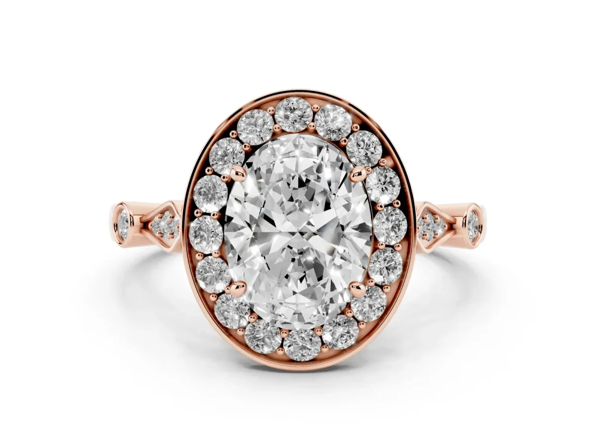 Oval Cut Diamond Halo Engagement Ring Set in Rose gold with Twisted Band and Prong Setting