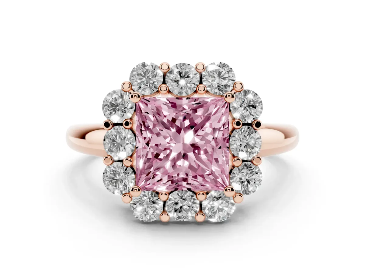 Fancy Pink Princess Cut Diamond Milgrain Halo Solitaire Ring Set in Rose gold with Bezel Set Side Stones and Pavé Band